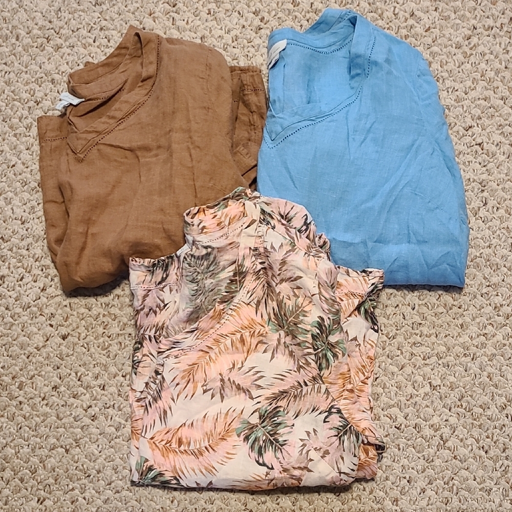 J. Jill Linen Blouses Set of 3 Blue Brown Palm Leaves Tropical V Neck